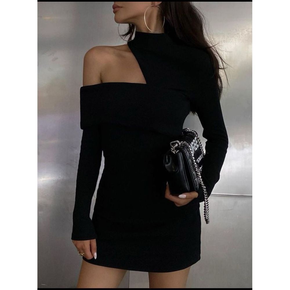 Commense Chic‎ Mock Neck Oblique Cutout Rib Long Sleeve Short Dress Size L